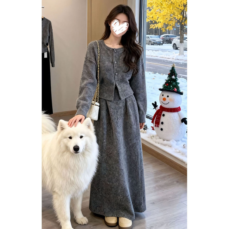 Kombinacija od dva dijela: ženski pleteni kardigan s okruglim izrezom i dugim rukavima te midi suknja visokog struka, korejski stil, proljeće 2026