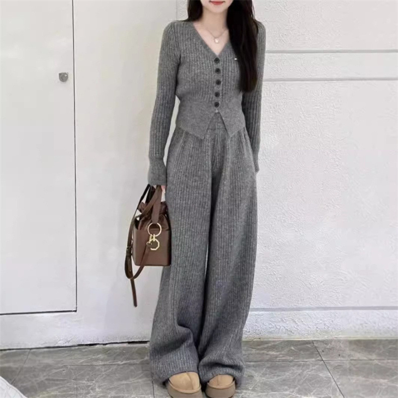 2025 ženski pleteni set za jesen/zimu: kardigan s V-izrezom i pleteni gornji dio s visokim strukom, široke hlače