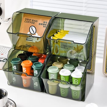 Desktop kutija za pohranu čajnih vrećica i kozmetike s odjeljcima, PET plastika, 2 L, dimenzije 13.6 × 26.9 × 12.6 cm