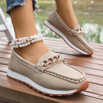 Γυναικείοι loafers χωρίς κορδόνια με στρογγυλή μύτη και φαρδιά σόλα, κορεατικό στυλ, νέο μοντέλο 2025