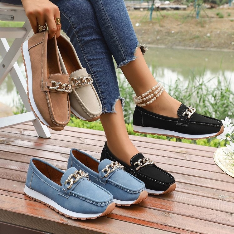 Γυναικείοι loafers χωρίς κορδόνια με στρογγυλή μύτη και φαρδιά σόλα, κορεατικό στυλ, νέο μοντέλο 2025