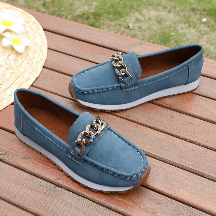 Γυναικείοι loafers χωρίς κορδόνια με στρογγυλή μύτη και φαρδιά σόλα, κορεατικό στυλ, νέο μοντέλο 2025