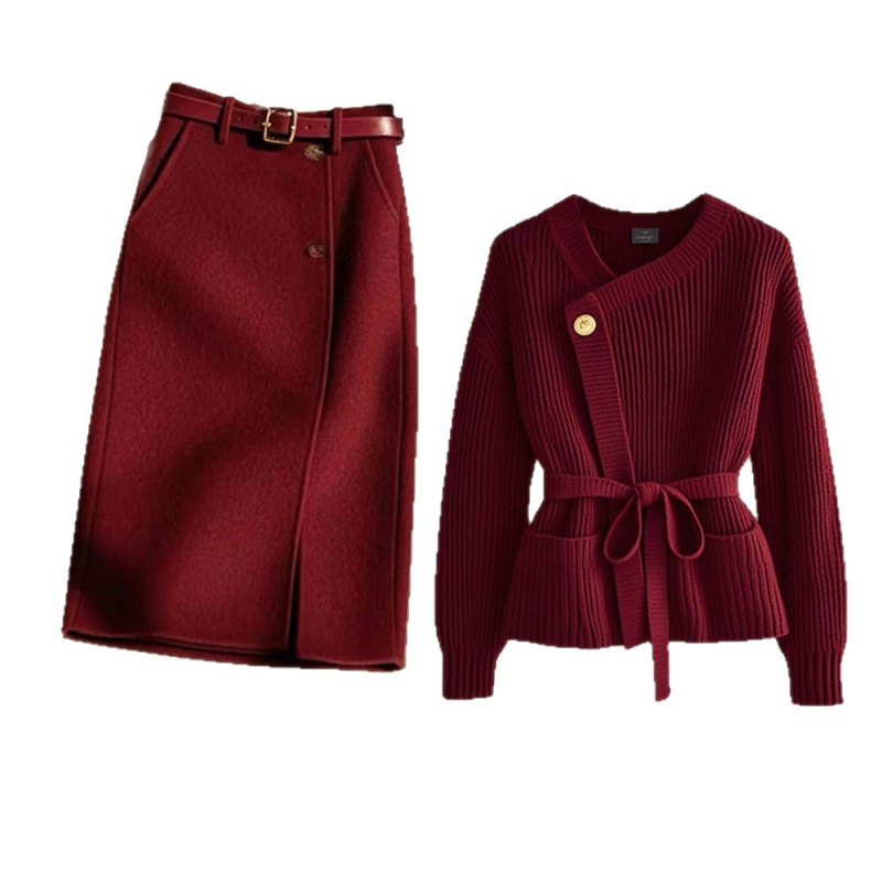 Jesenozimski modni dvodijelni set: visokokvalitetni crveni Ankara pleteni top i crvena midi suknja za žene