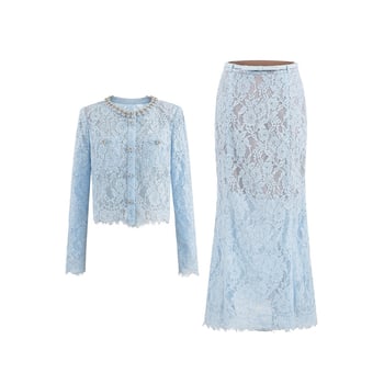 Set čipkasti proziran kardigan top i midi suknja s ribljim repom, parizijski šik, luksuzan stil