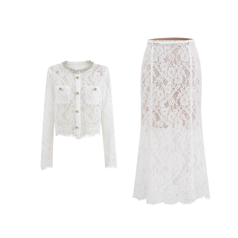 Set čipkasti proziran kardigan top i midi suknja s ribljim repom, parizijski šik, luksuzan stil