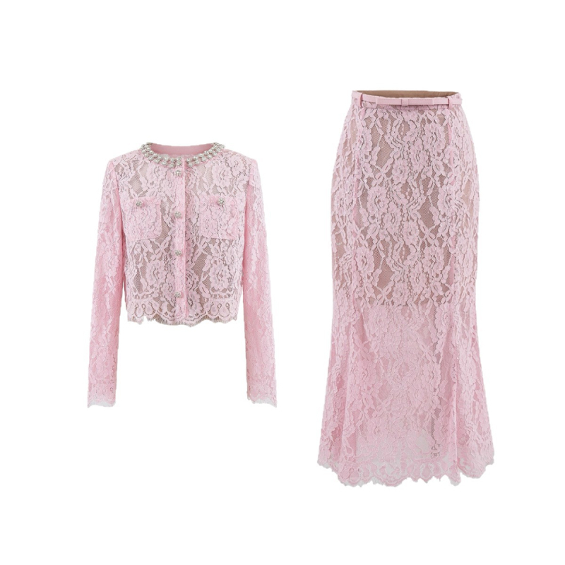 Set čipkasti proziran kardigan top i midi suknja s ribljim repom, parizijski šik, luksuzan stil