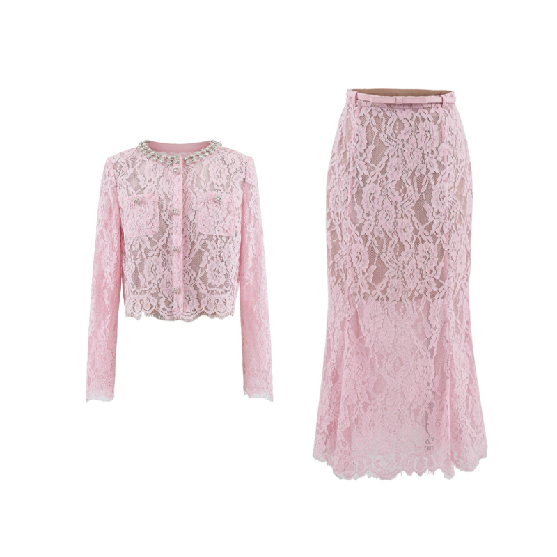 Set čipkasti proziran kardigan top i midi suknja s ribljim repom, parizijski šik, luksuzan stil