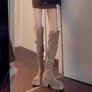Ženske čizme iznad koljena, dva načina nošenja, debeli fleece, zimske čizme, smeđa, western stil