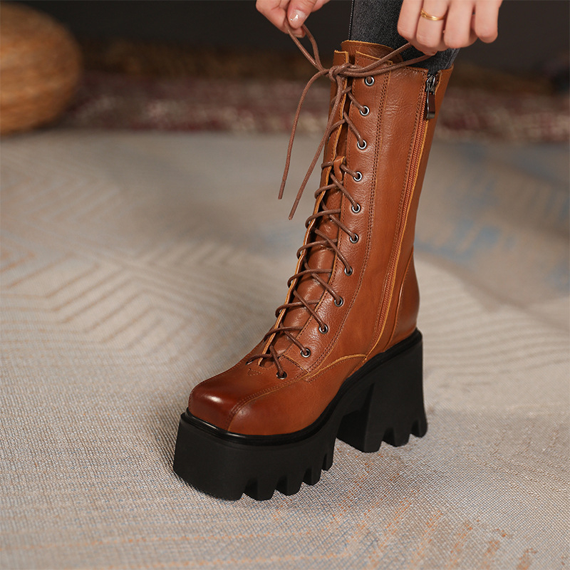 Ženske Martin čizme od prave kože, debela potplata, unutarnje podizanje visine 10 cm, vintage stil, čizme srednje dužine za žene