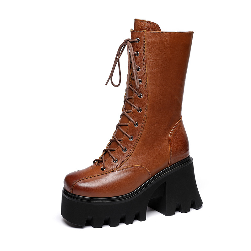 Ženske Martin čizme od prave kože, debela potplata, unutarnje podizanje visine 10 cm, vintage stil, čizme srednje dužine za žene