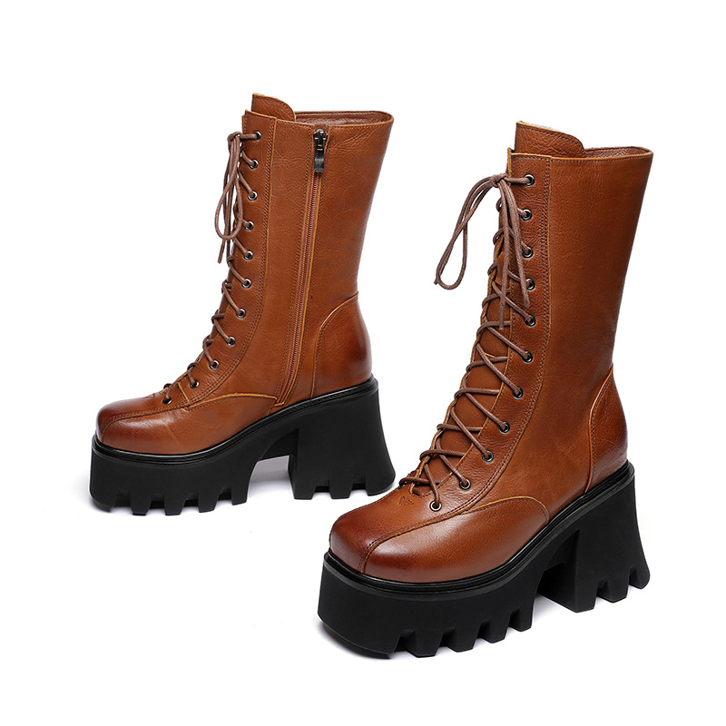Ženske Martin čizme od prave kože, debela potplata, unutarnje podizanje visine 10 cm, vintage stil, čizme srednje dužine za žene