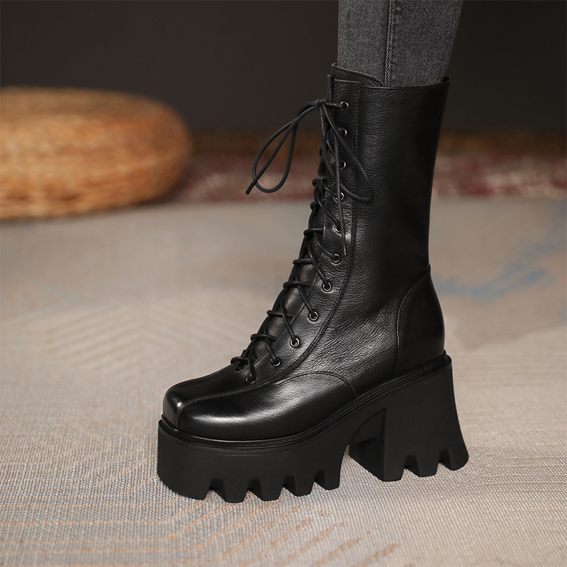 Ženske Martin čizme od prave kože, debela potplata, unutarnje podizanje visine 10 cm, vintage stil, čizme srednje dužine za žene