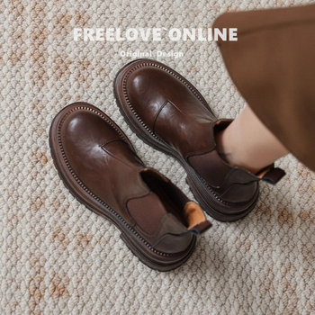 Ženske Chelsea čizme od prave kože s debelim potplatom i povećanjem visine, slip-on, retro stil za jesen-zimu