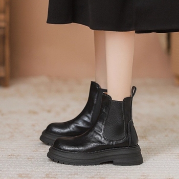 Ženske Chelsea čizme od prave kože s debelim potplatom i povećanjem visine, slip-on, retro stil za jesen-zimu