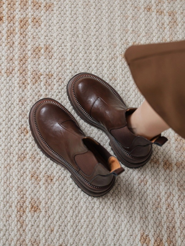 Ženske Chelsea čizme od prave kože s debelim potplatom i povećanjem visine, slip-on, retro stil za jesen-zimu