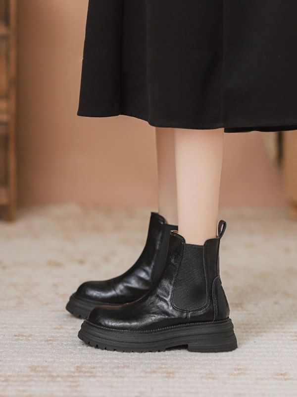 Ženske Chelsea čizme od prave kože s debelim potplatom i povećanjem visine, slip-on, retro stil za jesen-zimu