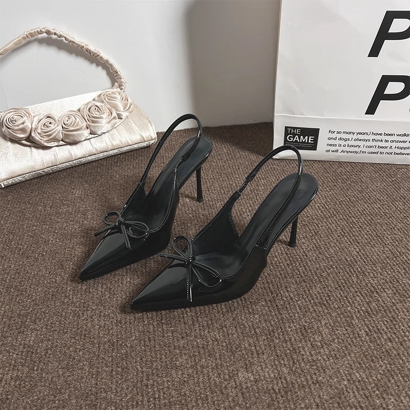 Ženske sandale s visokim petama, bordo boje, mašna, tanak pet, francuski stil