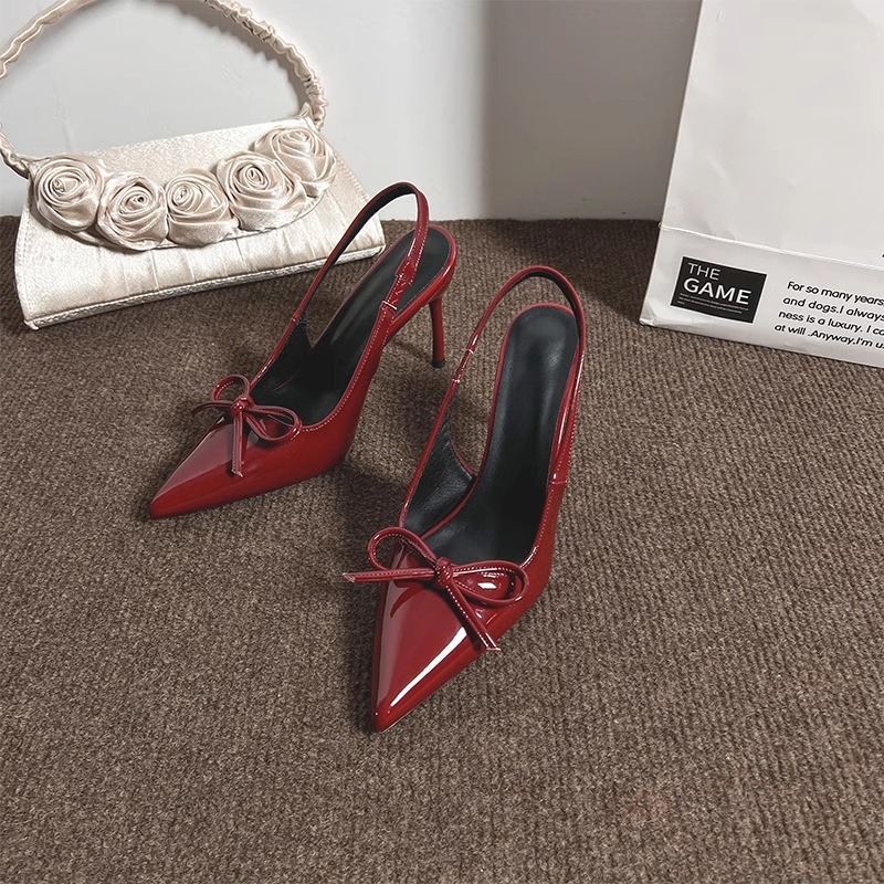 Ženske sandale s visokim petama, bordo boje, mašna, tanak pet, francuski stil