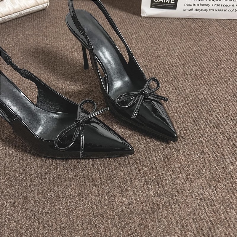 Ženske sandale s visokim petama, bordo boje, mašna, tanak pet, francuski stil