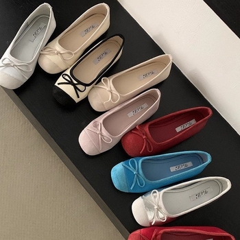Plave ženske balerinke s mašnicom, zaobljenim vrhom, niska potpetica, slip-on