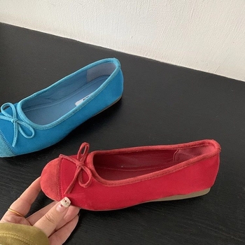Plave ženske balerinke s mašnicom, zaobljenim vrhom, niska potpetica, slip-on