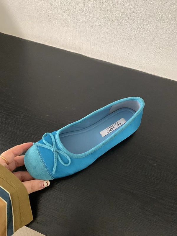 Plave ženske balerinke s mašnicom, zaobljenim vrhom, niska potpetica, slip-on
