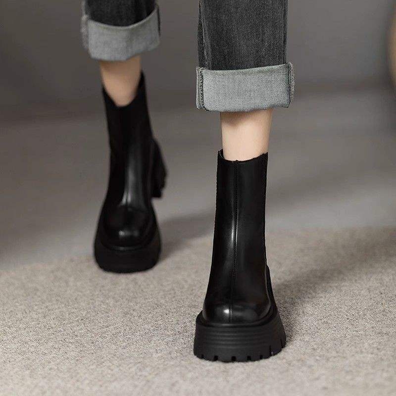 Ženske Martin čizme s debelim potplatom, zadnji zip, okrugla špička, britanski stil, platforma, fleece podstava
