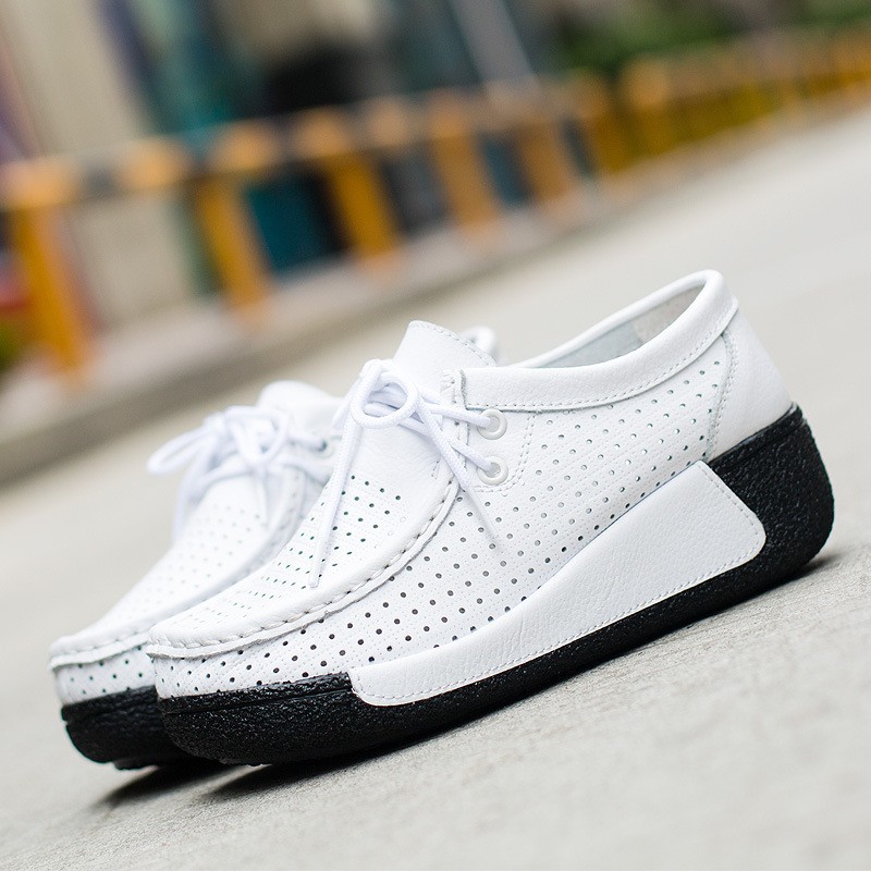 Gelden Ženske ljetne cipele za veliku veličinu, korejskog stila, kožne slip-on s debelim potplatom i perforiranim dizajnom