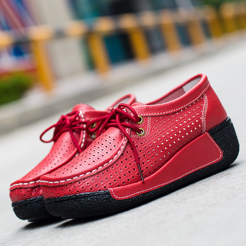 Gelden Ženske ljetne cipele za veliku veličinu, korejskog stila, kožne slip-on s debelim potplatom i perforiranim dizajnom
