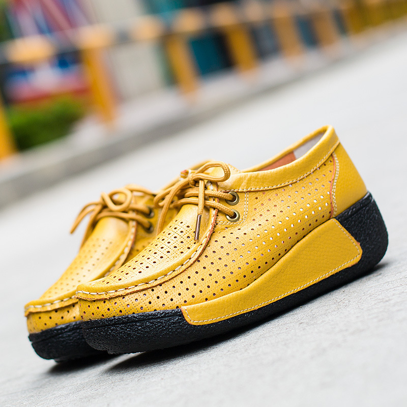 Gelden Ženske ljetne cipele za veliku veličinu, korejskog stila, kožne slip-on s debelim potplatom i perforiranim dizajnom