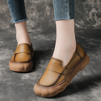 Ženske loafers od prve sloje teleće kože s platformom i debelim potplatom, retro britanski stil, okrugli vrh, prava koža