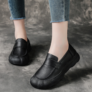 Ženske loafers od prve sloje teleće kože s platformom i debelim potplatom, retro britanski stil, okrugli vrh, prava koža
