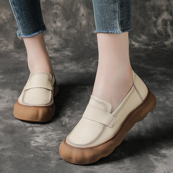 Ženske loafers od prve sloje teleće kože s platformom i debelim potplatom, retro britanski stil, okrugli vrh, prava koža