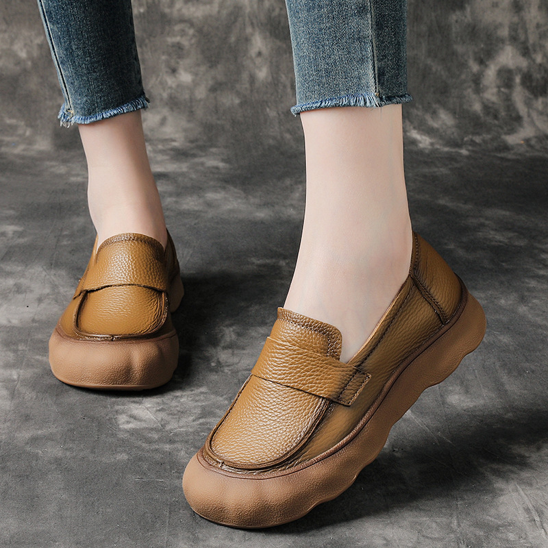 Ženske loafers od prve sloje teleće kože s platformom i debelim potplatom, retro britanski stil, okrugli vrh, prava koža