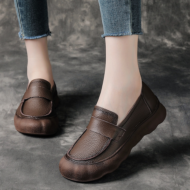 Ženske loafers od prve sloje teleće kože s platformom i debelim potplatom, retro britanski stil, okrugli vrh, prava koža