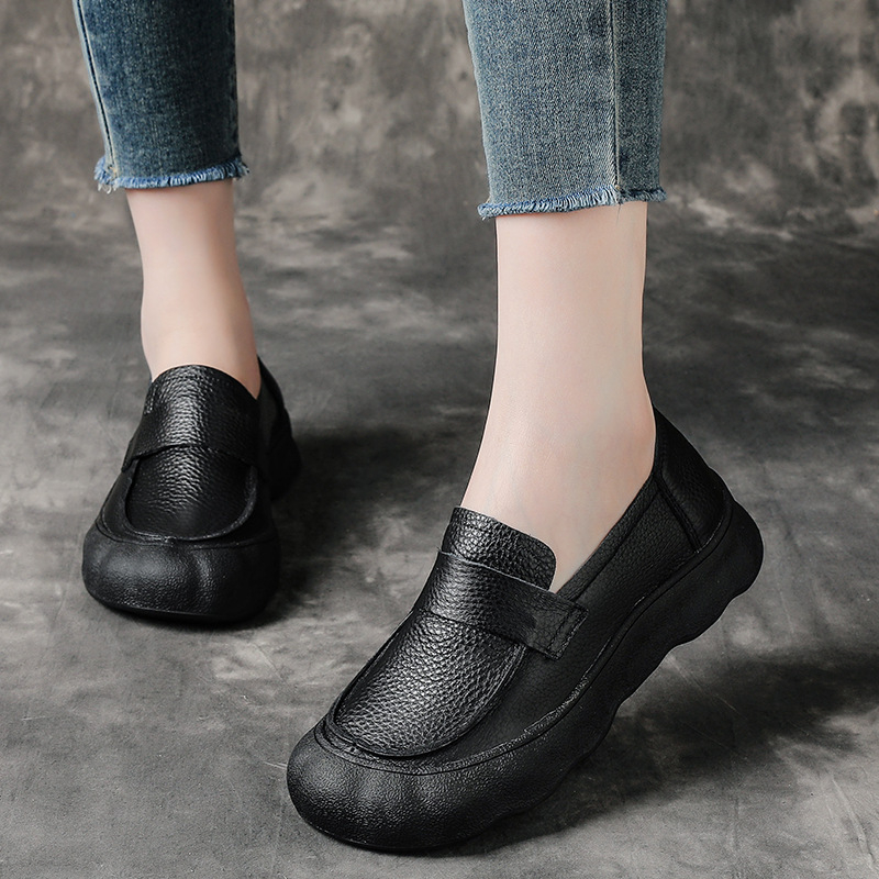 Ženske loafers od prve sloje teleće kože s platformom i debelim potplatom, retro britanski stil, okrugli vrh, prava koža