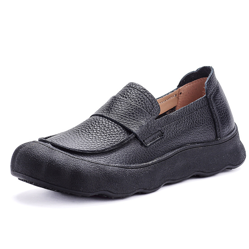 Ženske loafers od prve sloje teleće kože s platformom i debelim potplatom, retro britanski stil, okrugli vrh, prava koža