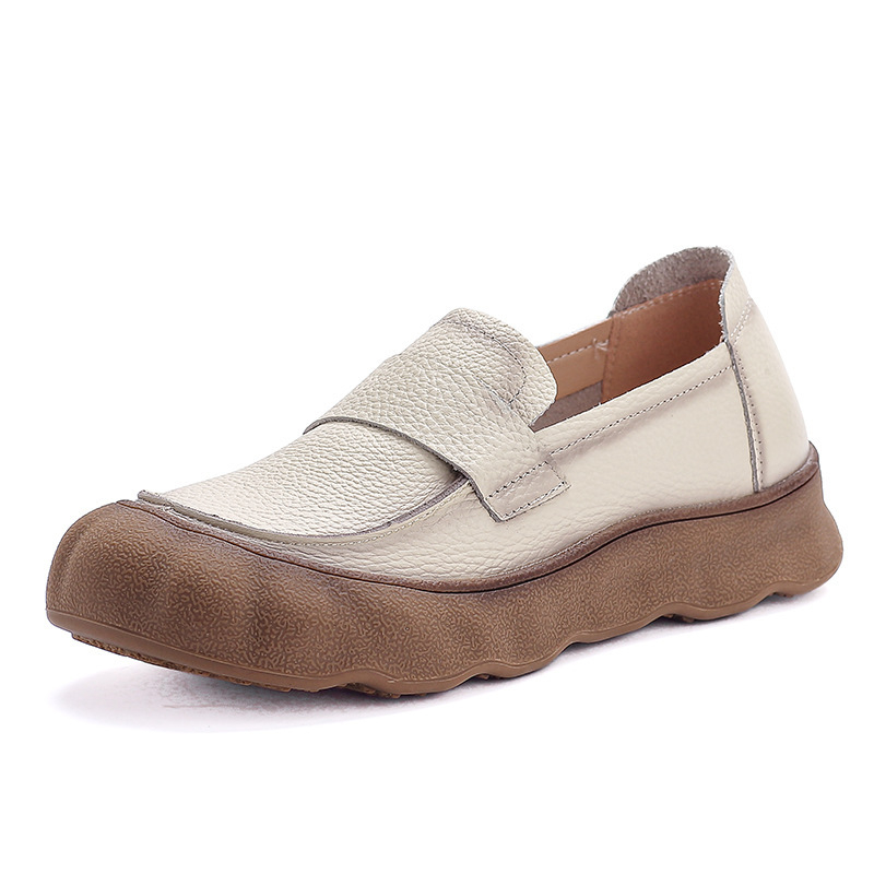 Ženske loafers od prve sloje teleće kože s platformom i debelim potplatom, retro britanski stil, okrugli vrh, prava koža
