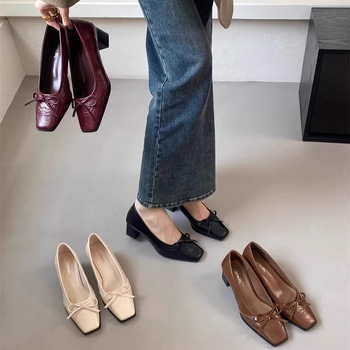 Ženske slip-on cipele s četvrtastim vrhom i mašnicom, gornji dio od mikrovlakana, srednji potpetica, svakodnevna moda