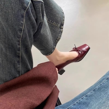 Ženske slip-on cipele s četvrtastim vrhom i mašnicom, gornji dio od mikrovlakana, srednji potpetica, svakodnevna moda