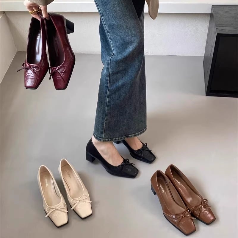 Ženske slip-on cipele s četvrtastim vrhom i mašnicom, gornji dio od mikrovlakana, srednji potpetica, svakodnevna moda
