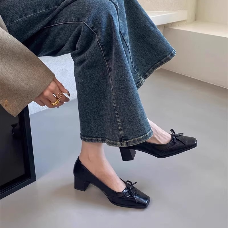 Ženske slip-on cipele s četvrtastim vrhom i mašnicom, gornji dio od mikrovlakana, srednji potpetica, svakodnevna moda
