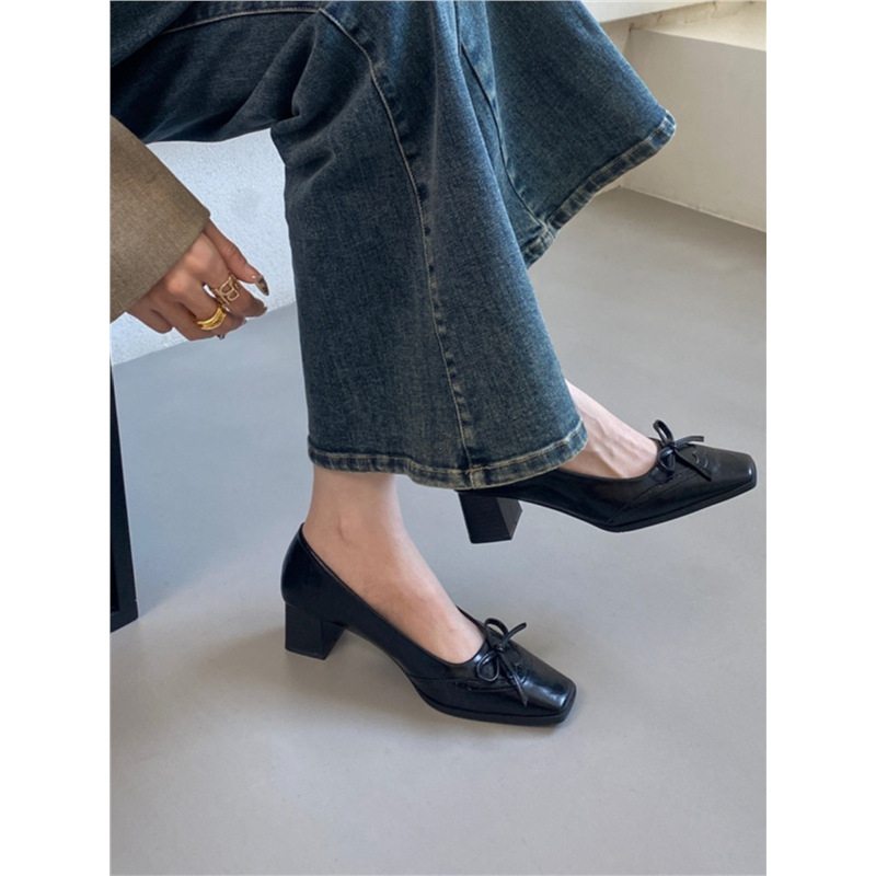 Ženske slip-on cipele s četvrtastim vrhom i mašnicom, gornji dio od mikrovlakana, srednji potpetica, svakodnevna moda