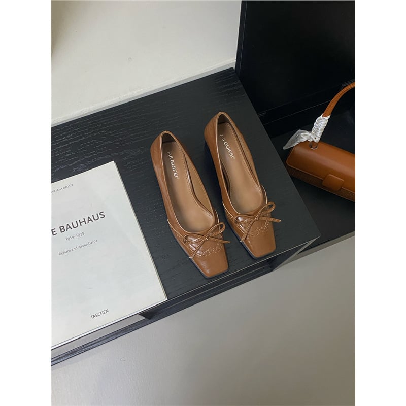 Ženske slip-on cipele s četvrtastim vrhom i mašnicom, gornji dio od mikrovlakana, srednji potpetica, svakodnevna moda
