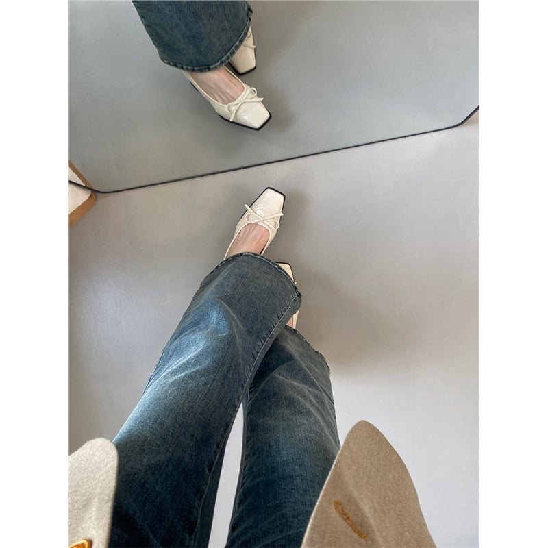 Ženske slip-on cipele s četvrtastim vrhom i mašnicom, gornji dio od mikrovlakana, srednji potpetica, svakodnevna moda