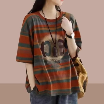 Ženski T-shirt velikog formata s prugastim retro književnim uzorkom, kratkih rukava, udoban kroj, ljeto