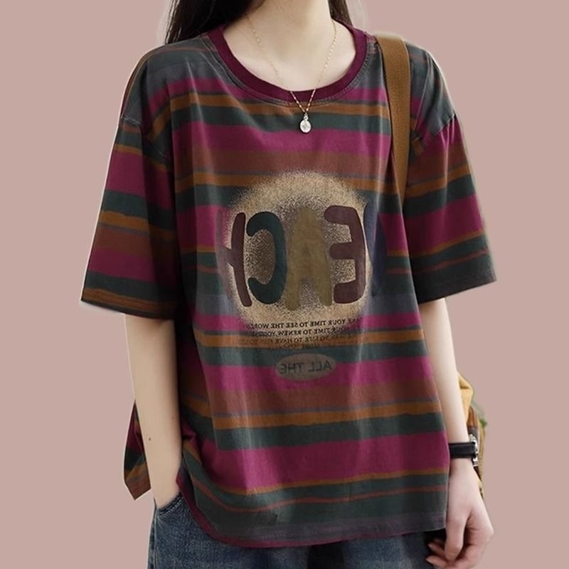 Ženski T-shirt velikog formata s prugastim retro književnim uzorkom, kratkih rukava, udoban kroj, ljeto