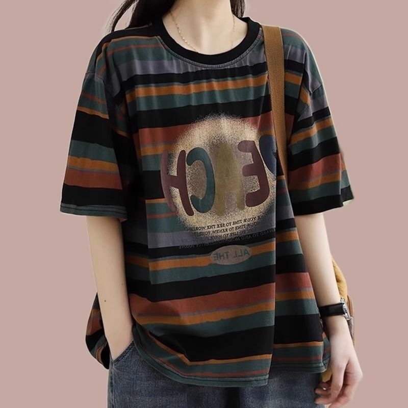 Ženski T-shirt velikog formata s prugastim retro književnim uzorkom, kratkih rukava, udoban kroj, ljeto