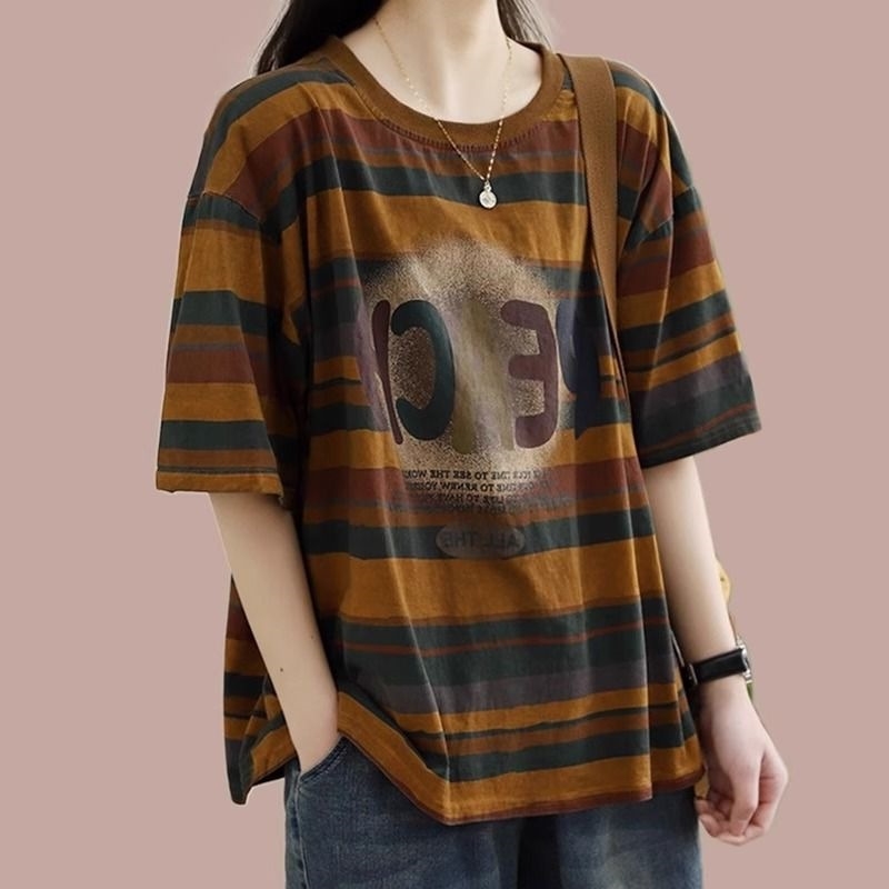 Ženski T-shirt velikog formata s prugastim retro književnim uzorkom, kratkih rukava, udoban kroj, ljeto