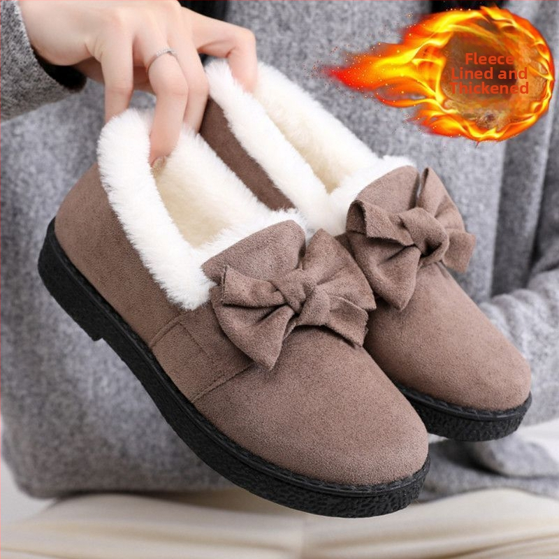 Dámske bavlnené topánky v štýle Starého Pekingu, s fleecovou podšívkou, teplé a hrubé, slip-on čižmy do snehu s mašničkou, krátke